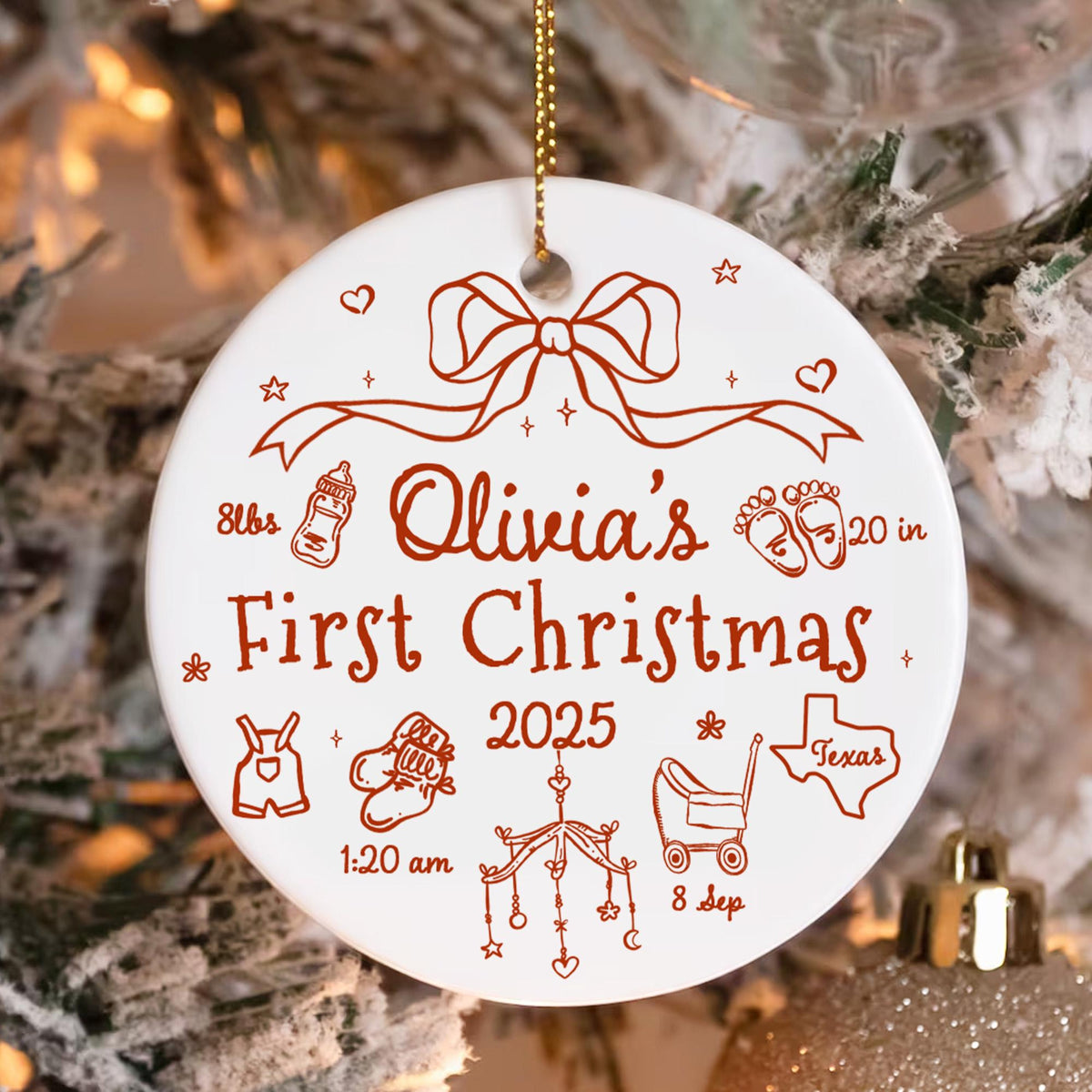 Personalized Baby First Christmas 2025 Ornament, Custom Baby Birth Stats Ornament, Baby Name Bow Ornament, New Baby Gift, Baby Newborn Gift