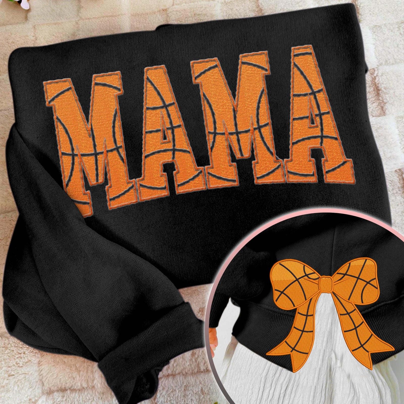 MAMA Basketball Coquette Side Bow Sweatshirt, Retro Trendy Coquete Lover Sweater, Bow Applique Pink Girl Gifts