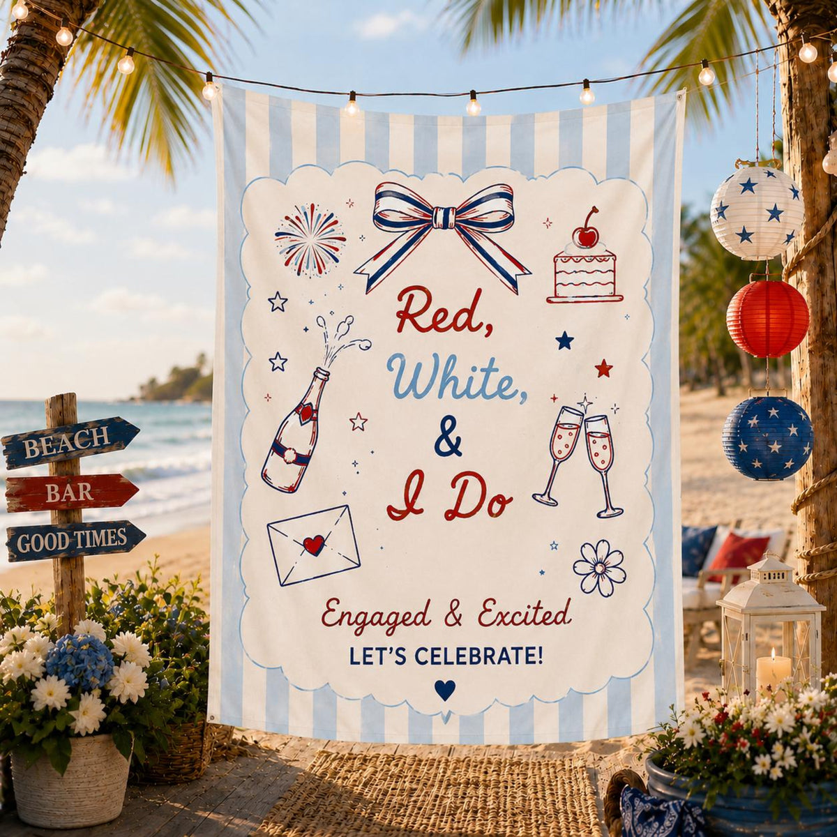 Red White and I Do Engagement Party Banner, Custom Coquette Bow Bridal Shower Backdrop, Patriotic 4th of July Couples Shower Decor, Tapestry