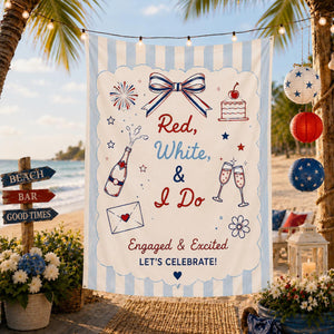 Red White and I Do Engagement Party Banner, Custom Coquette Bow Bridal Shower Backdrop, Patriotic 4th of July Couples Shower Decor, Tapestry
