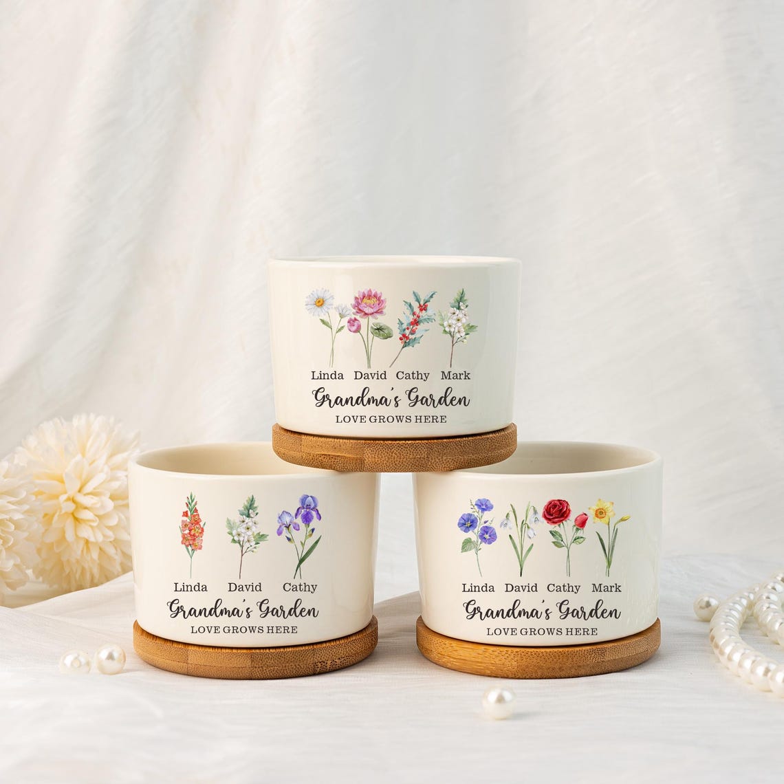 Birth Flower Plant Pot, Grandma's Garden Flower Pot, Personalised Mother's Day Gift, Mini Plant Pot with Family Birth Flower, Gift for Nana