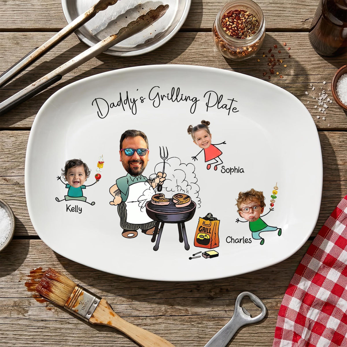 Personalized Grilling Platter with Kids Faces, Custom BBQ Plate for Dad Father s Day Gift, Grilling With Daddy Plate