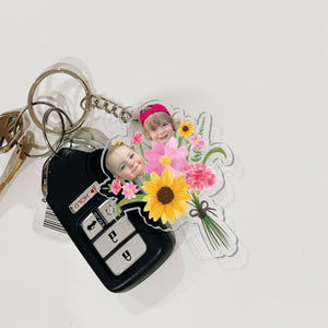 Personalized Gift For Mom Grandma, Custom Kids Face Flower Bouquet Keychain, Grandma Keychain Gift, Baby Face Keychain