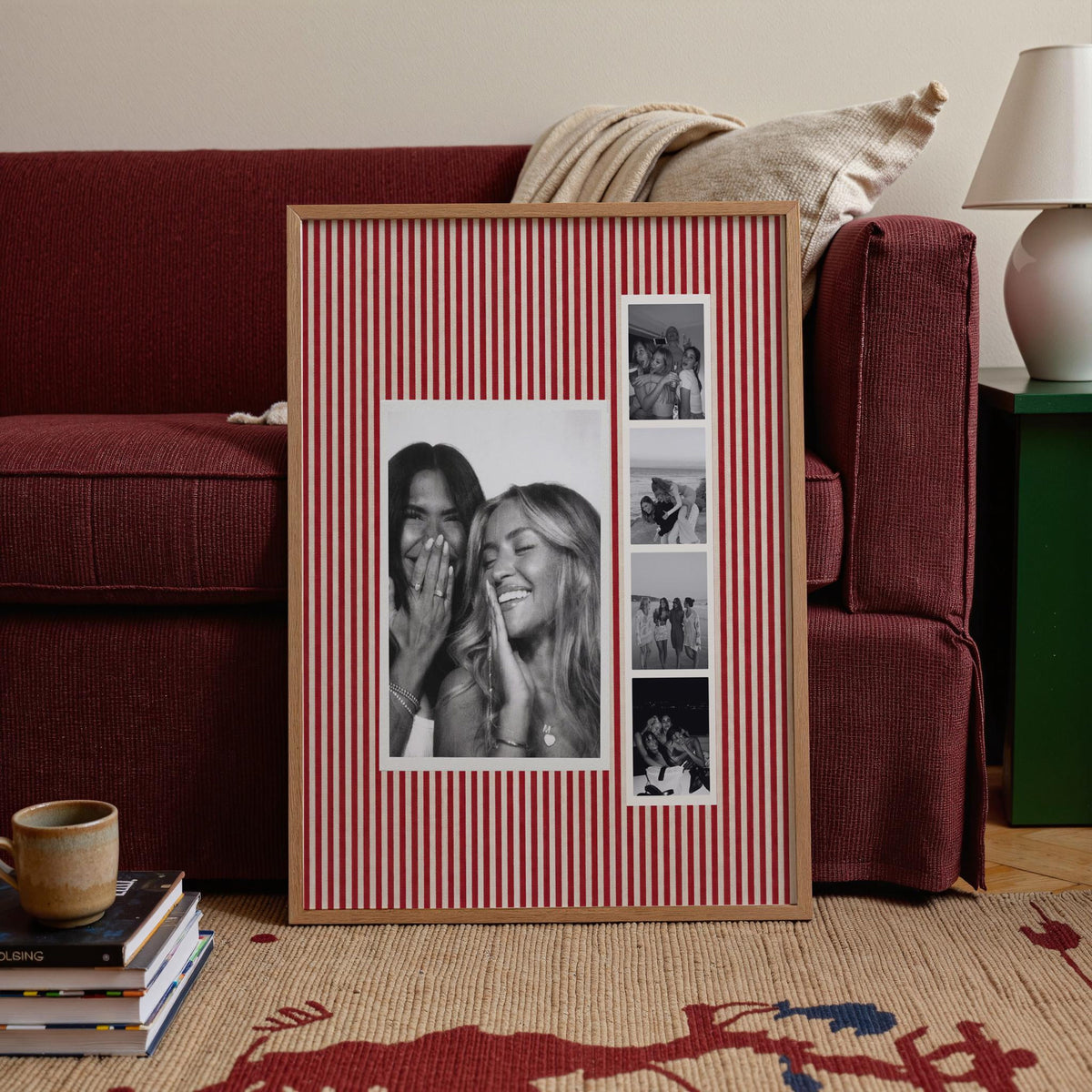 Custom Photo Collage Bestie Gift, Personalized Multi Photo Print, Red Striped Wall Art, Best Friend Gift
