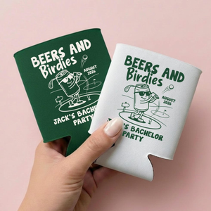 Beers and Birdies Can Cooler, Golf Party Favor, Custom Name Drink Sleeve, Golf Theme Gift, Groomsmen Party Favor, Bachelor Trip Gift