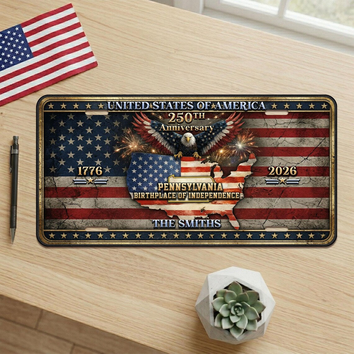 Personalized USA Flag Cut Metal Sign, 250th Anniversary Patriotic Decor, Patriotic Gift For Family
