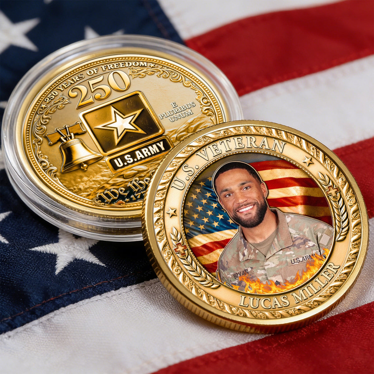 U.S. Veteran 250 Years Of Freedom Custom Photo - Personalized Metal Coin - Gift For Soldier, Veteran, Patriotic Gift
