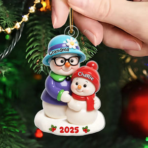 Snowman Grandma Hugging Grandkids 3D Effect - Personalized Acrylic Ornament - Christmas Gift For Grandma