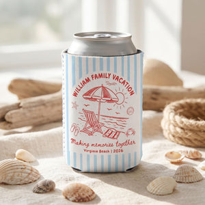Custom Beach Family Vacation Can Coolers, Personalized Family Reunion Beer Huggers, Matching Coastal Vacation Gift, Family Summer Vacation