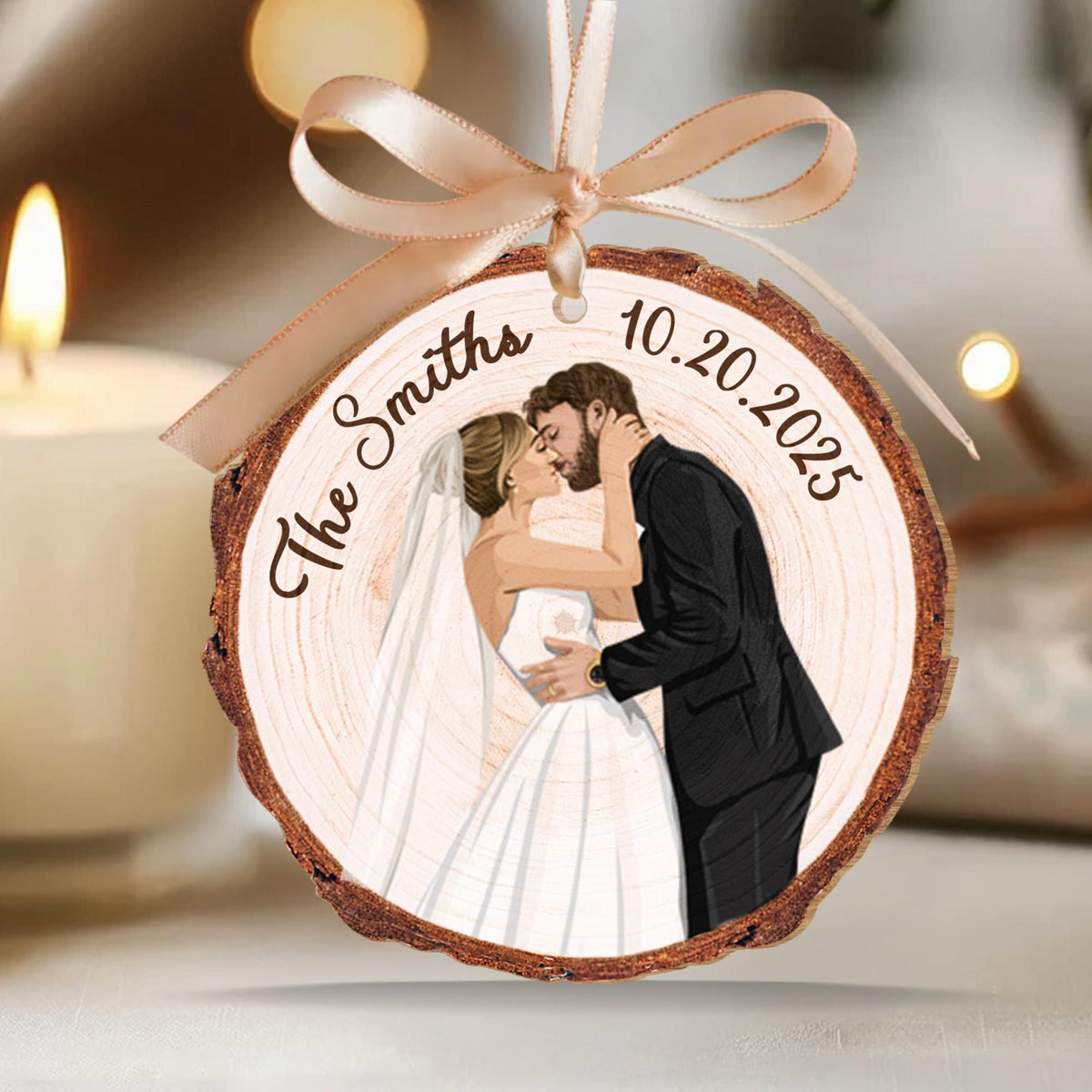 Personalized Christmas Married Ornament, Custom Portrait From Photo Wooden Ornament, Wedding Keepsake Gift, Newly Wedding Gift For Couples