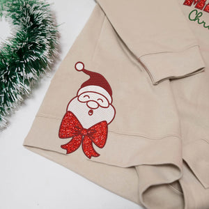 Merry Christmas Embroidered Side Bow Glitter Sweatshirt, Santa Claus Side Bow Sweatshirt, Side Bow Applique Sweatshirt, Trendy Coquette Bow