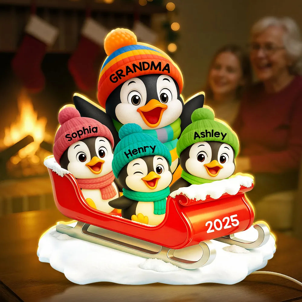 3D Effect Cute Grandma Grandkids Penguin On Sleigh - Personalized Acrylic Light Box - Christmas Gift For Grandma