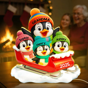 3D Effect Cute Grandma Grandkids Penguin On Sleigh - Personalized Acrylic Light Box - Christmas Gift For Grandma