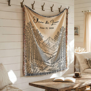 Personalized Mountain Woven Blanket, Custom Couple Name Date Throw, Forest Wedding Gift, Cotton Anniversary Gift for Couples Nature Lovers 5a1f613f-4c9c-4c1e-96e8-bfb0fced40c9-1.jpg