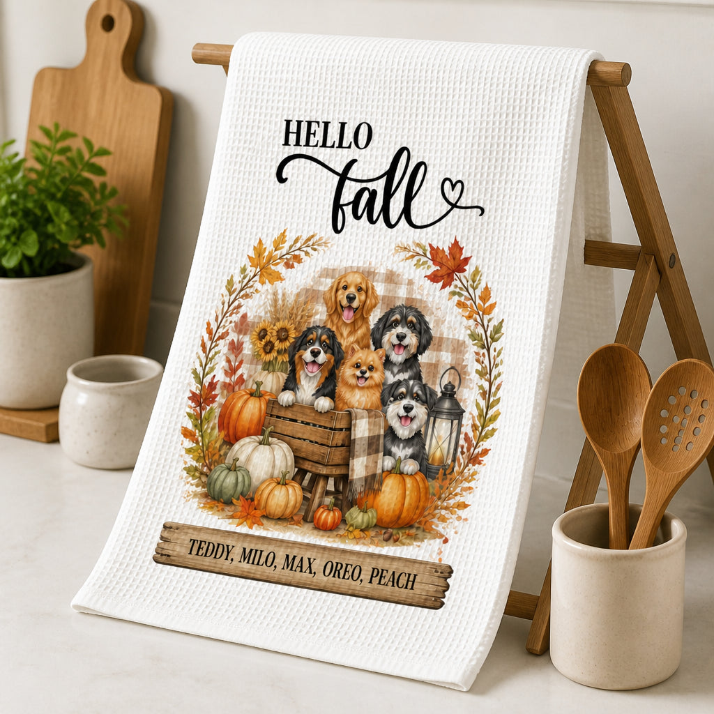 Hello Fall Farmhouse Dogs Kitchen Towel – Personalized Pet Names - Personalized Kitchen Towel 5a255f02-79c8-43ef-acd9-aa774a4f39ea.jpg