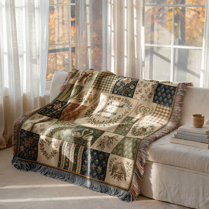 Personalized Floral Patchwork Woven Blanket, Custom Couple Name & Wedding Date Throw, Vintage Botanical Wedding Gift, Anniversary Keepsake Blanket 5a406c30-34f4-4bb3-b8f9-a5481e3107fc-p2_converted.png