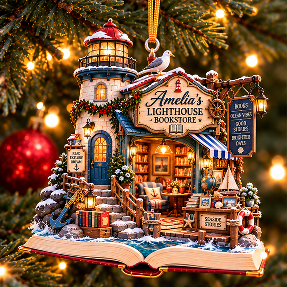 Personalized Lighthouse Bookstore Christmas Ornament – Custom Name 2D Flat Acrylic Ornament, Coastal Book Lover & Beach Reading Gift 5a59a854-feaf-4c46-930d-2d79956617db-amelia_lighthouse_01_christmas_tree_1200.png