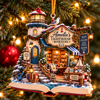 Personalized Lighthouse Bookstore Christmas Ornament – Custom Name 2D Flat Acrylic Ornament, Coastal Book Lover & Beach Reading Gift 5a59a854-feaf-4c46-930d-2d79956617db-amelia_lighthouse_01_christmas_tree_1200.png