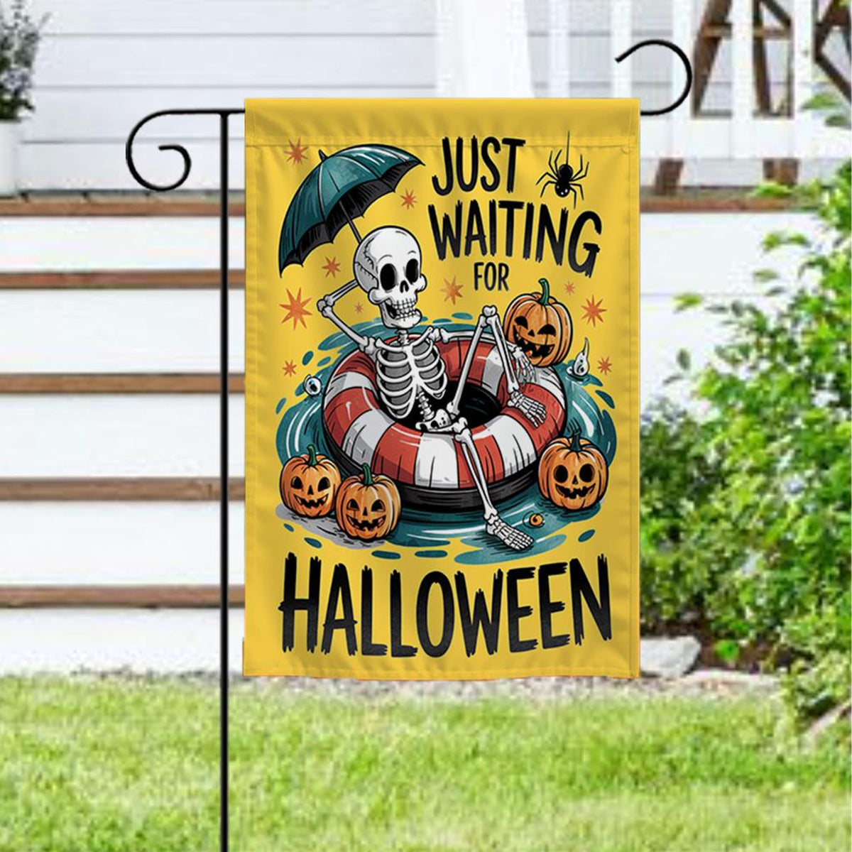 Just Waiting For Halloween Garden Flag, Summerween Skeleton Flag, Spooky Summer Decor, Halloween Pool Float Flag, Funny Halloween Flag 5ab6973a-f13c-46c0-bad8-4dfa66a58749-1.jpg