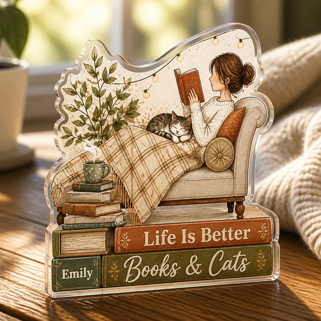 Books & Cats Cozy Reader Acrylic Standee – Personalized Name - Personalized Acrylic Custom shape Standing 1 layer (FS) 5afb6862-1797-42b6-aba6-a6e8fc77e9b6.jpg