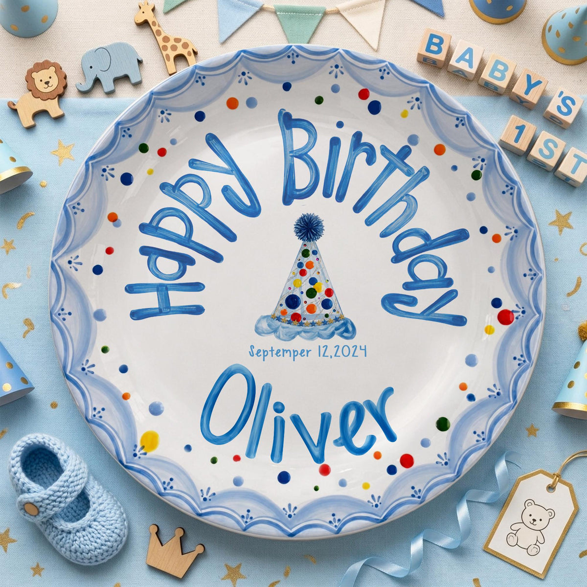 Personalized Boys Birthday Plate, Custom Name Ceramic Plate, Party Hat Colorful Dots, Kids Keepsake Gift, Birthday Party Decor 5b83d962-b6ae-435b-bf2f-39e5938e1621-banner-3.jpg