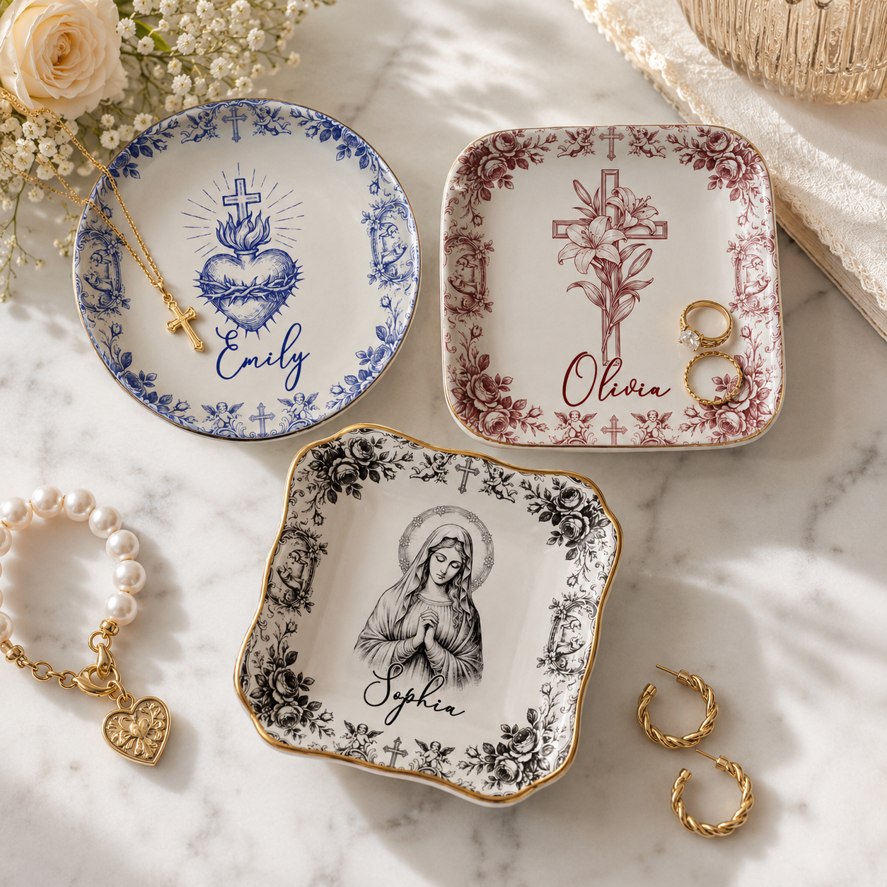 Personalized Sacred Heart and Cross Jewelry Dish, Custom Name Catholic Gift, First Communion Trinket Dish, Confirmation Baptism Ring Tray 5b8a9081-c4da-4706-b36b-31774101f595-1.png