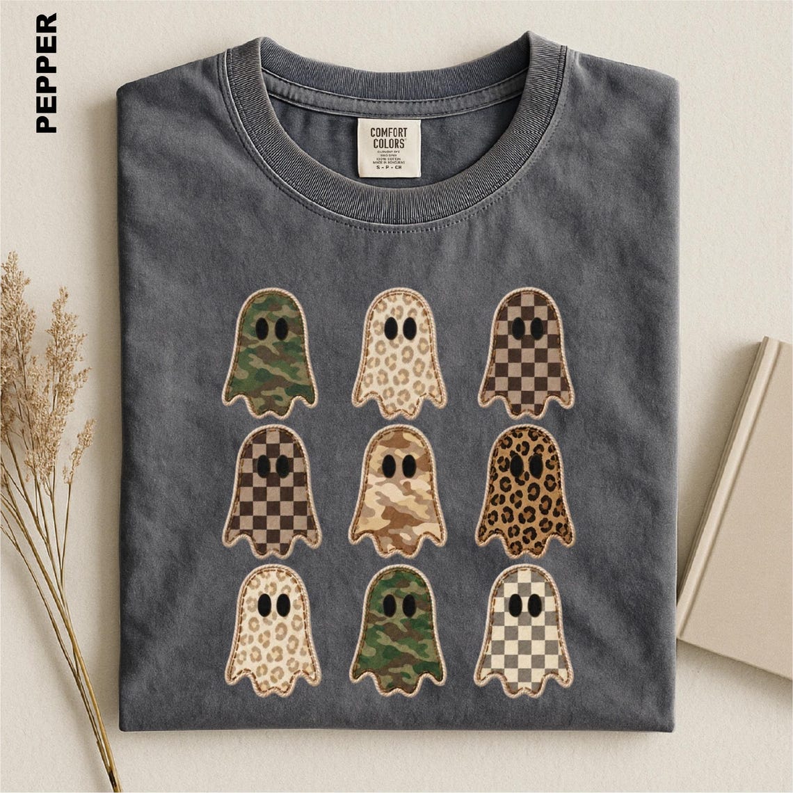 Halloween Ghost Faux Patchwork Shirt, Camo Leopard Checkered Ghosts Tee, Cute Spooky Season Comfort Colors Top, Fall Halloween Sweatshirt 5b94137c-9e1a-4234-9e79-e19381544514-4.jpg