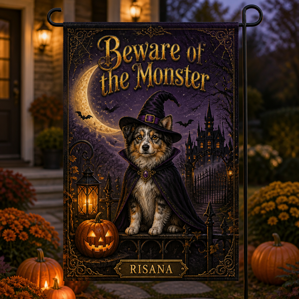 Halloween Pet Witch Garden Flag – Beware of the Monster - Personalized Family Flag 5b9baa84-61dc-4495-8c9a-d562654b51a9.png