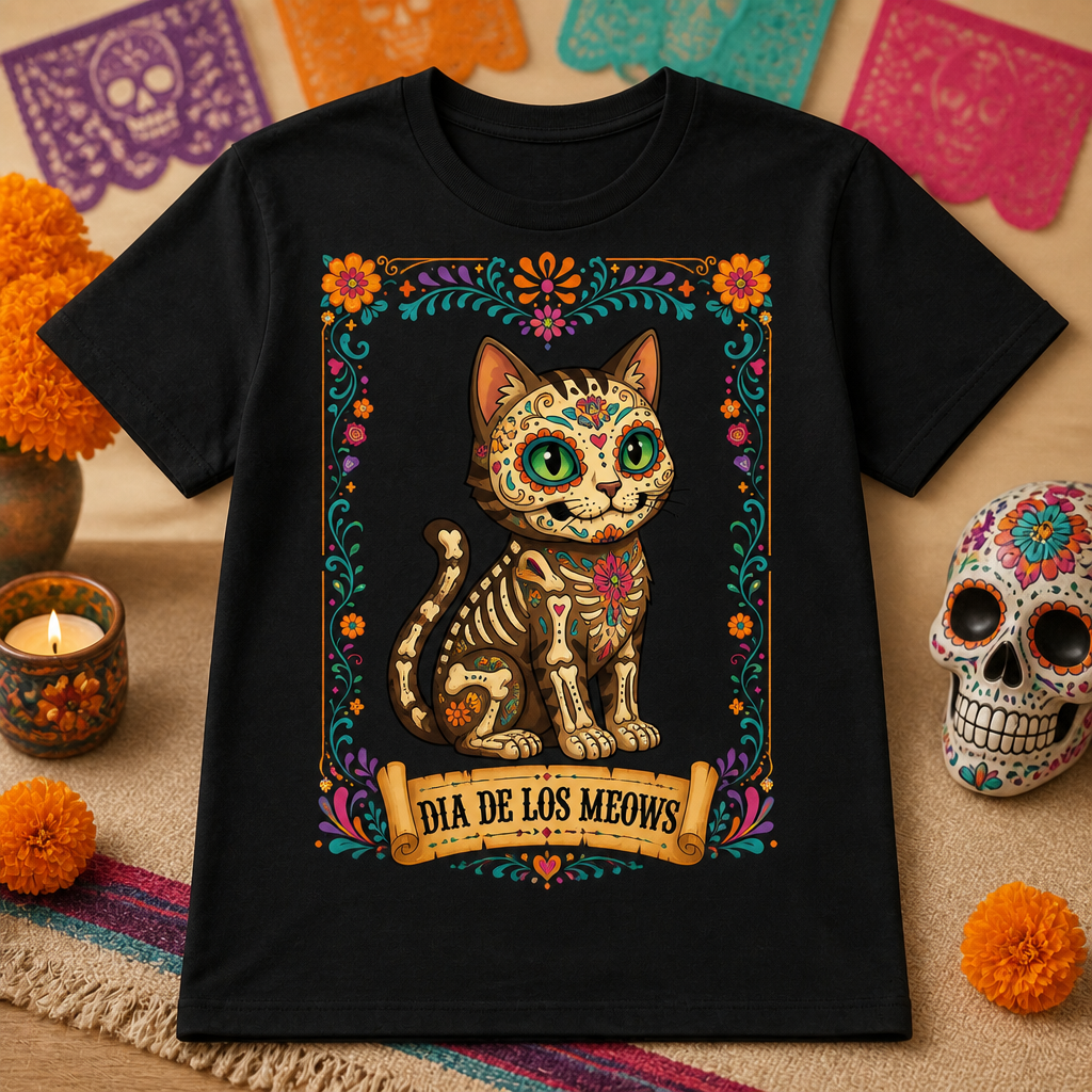 Dia De Los Meows Sugar-Skull Cat Tee - T-shirt 5c185f7d-6139-4aa3-926b-57fba76817ba.png