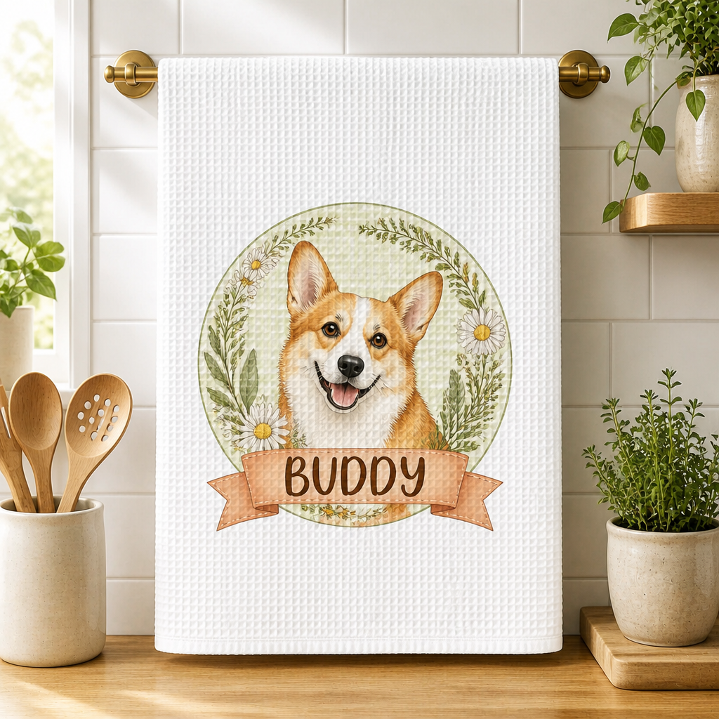 Corgi With Flowers Personalized Kitchen Towel - Personalized Kitchen Towel 5c679fe2-0d3f-45c7-bf9d-6b54061f61fd.png