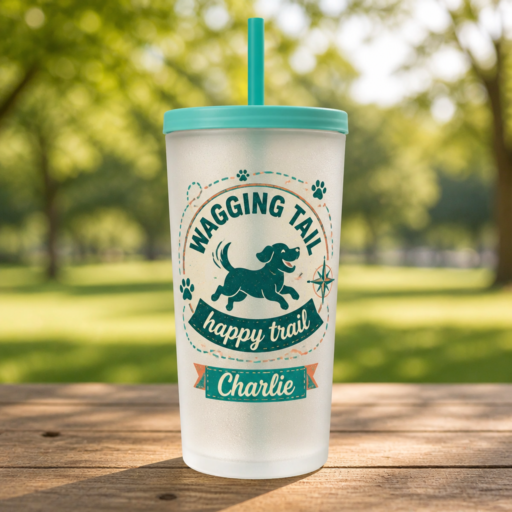 Wagging Tail Happy Trail Personalized Dog Water Bottle - Personalized Plastic Frosted Water Cup 5c75a9ac-08e0-409b-9ea9-f1195a796070.png