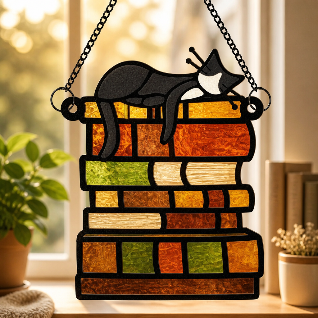Cat Nap on Books Stained Glass Suncatcher - Suncatcher Stained Glass 5cfdb744-6794-41b2-b04a-dd419689ea03.png