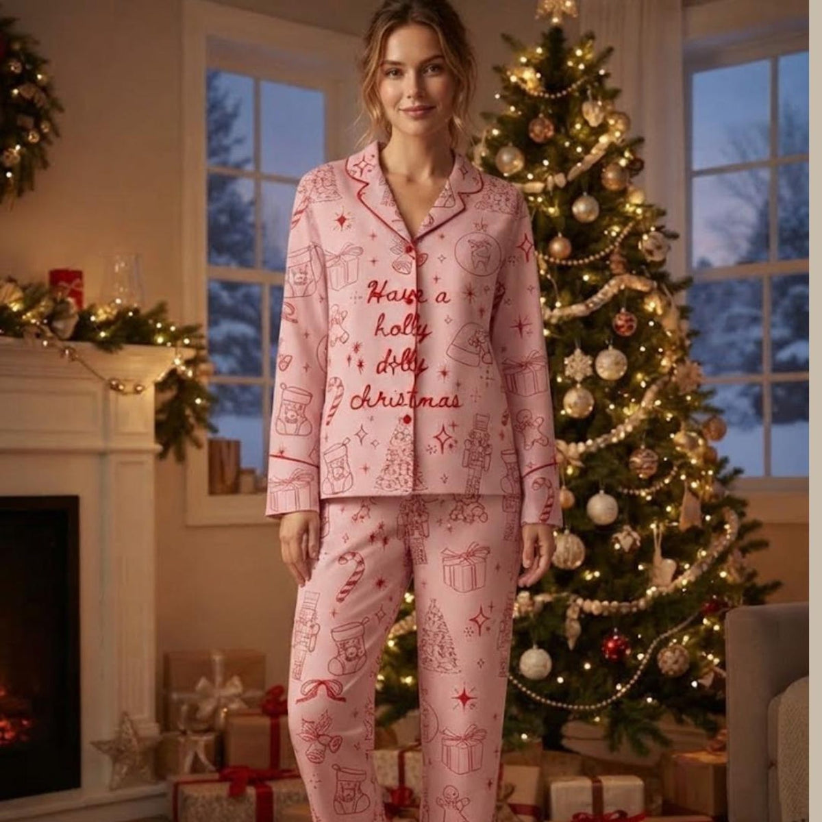 Pink Holly Dolly Christmas Pajamas Set, Cute Coquette Holiday PJs, Pink Christmas Sleepwear, Matching Christmas PJs, Holiday Gift for Her 5d02e52e-b10d-4560-ba08-57523a19a78a-il_1588xN.8535556041_jm1g.jpg