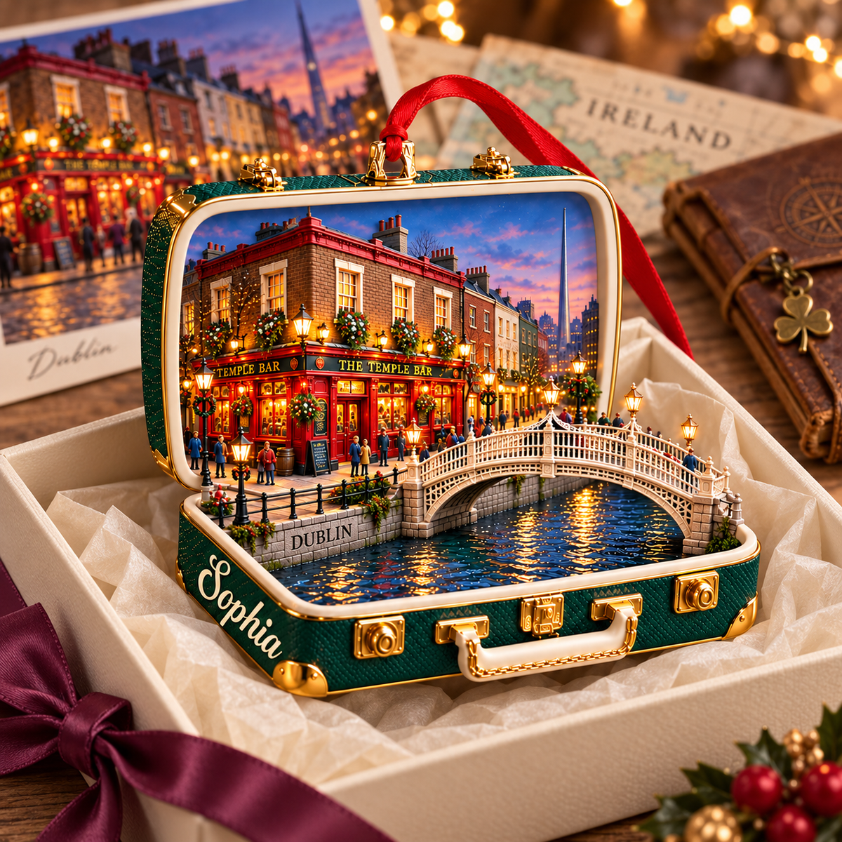Personalized 3D Temple Bar Suitcase Christmas Ornament – Dublin Ireland Travel Souvenir & Gift for Dublin Lovers 5d3a8cbd-8092-4289-b03a-99ae94f4e94e-Emerald-Dublin-Christmas-suitcase-ornament-3.png