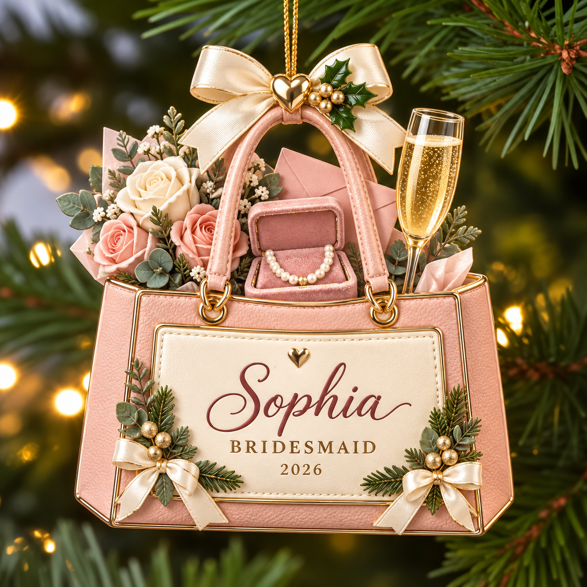 Personalized Bridesmaid Christmas Ornament 2026 – Custom Name Pink Handbag with Flowers and Champagne, Bridesmaid Thank You Gift, Bridal Party Keepsake 5d9d0339-5f6b-4c52-b554-95f88850547e-Sophia-Bridesmaid-Christmas-Keepsake-Ornament.png