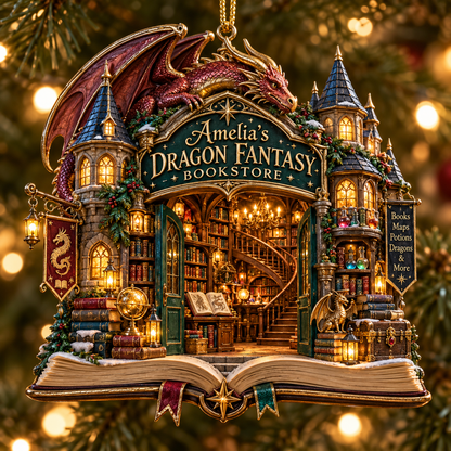 Personalized Dragon Fantasy Bookstore Christmas Ornament – Custom Name 2D Flat Ornament, Magical Book Lover Gift 5dd3b55e-38d5-49c3-aa34-2969566f34d8-Amelia-s-Dragon-Fantasy-Bookstore-Ornament.png