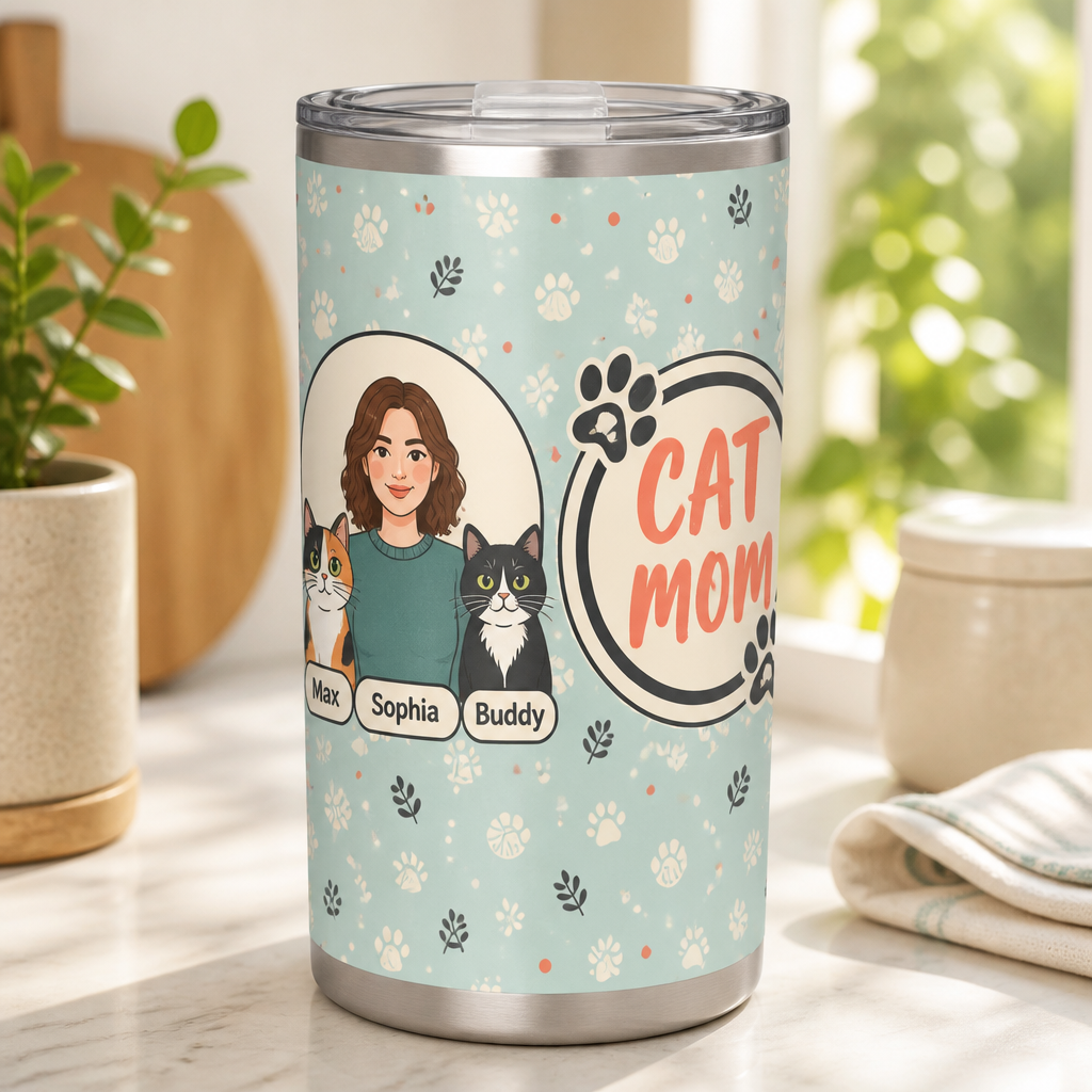 Cat Mom Portrait & Paws Tumbler – Custom Photo-to-Illustration - Personalized Tumbler 5e1a3446-5c03-48c6-a005-3ca525ec268a.png