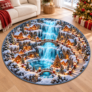 Frozen Waterfall Village 3D Illusion Round Rug, Snowy Christmas Floor Mat, Winter Wonderland Area Carpet, Holiday Living Room Decor 5e708c18-0648-4d41-8dc0-562434fca700-Frozen-Waterfall-Village-Rug-in-Scandinavian-Style-1.png