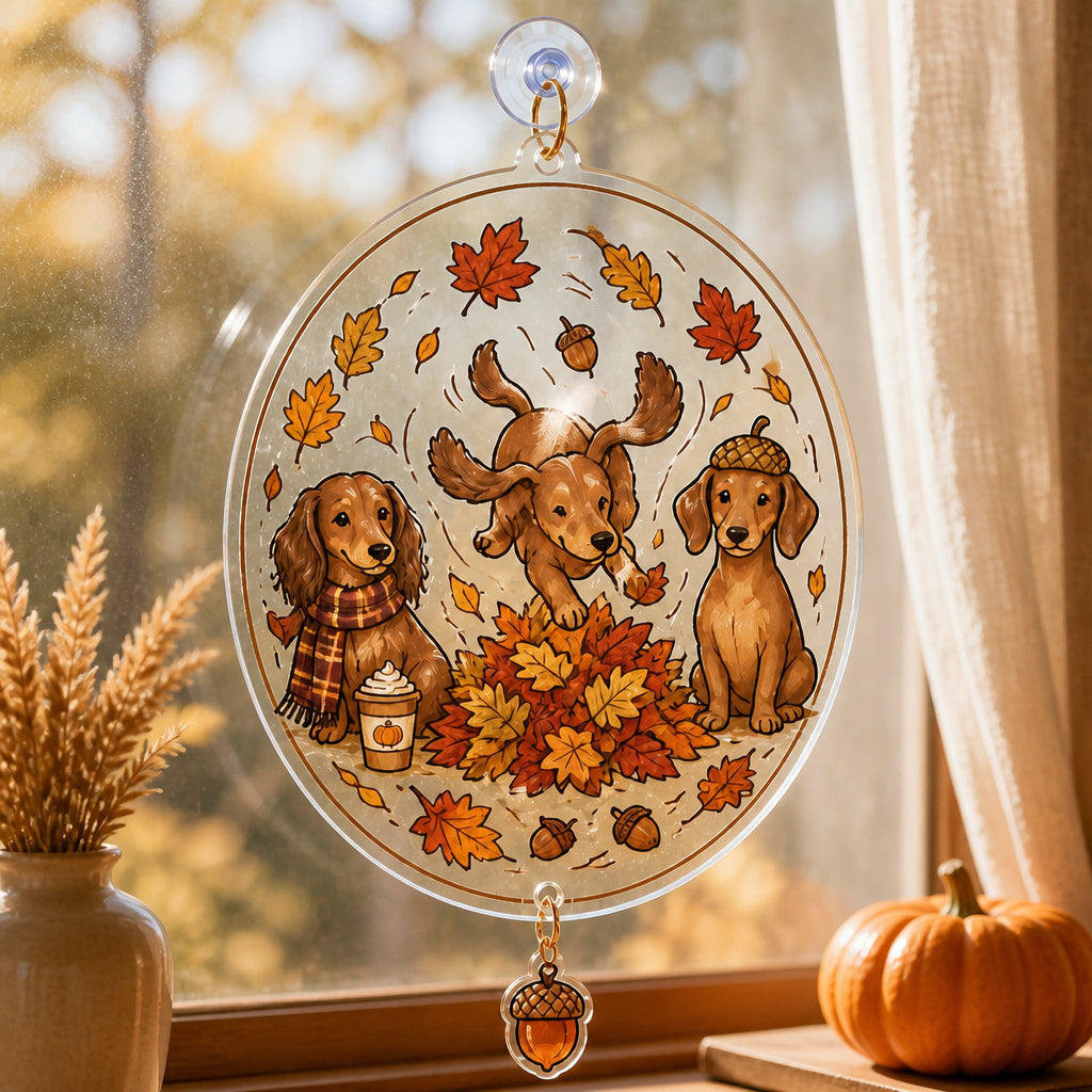 Autumn Dachshund Leaf Pile Tee - 1 Layered Suncatcher with Charm 5ea1a2b1-e04f-459e-b2ad-9ea524938684.jpg