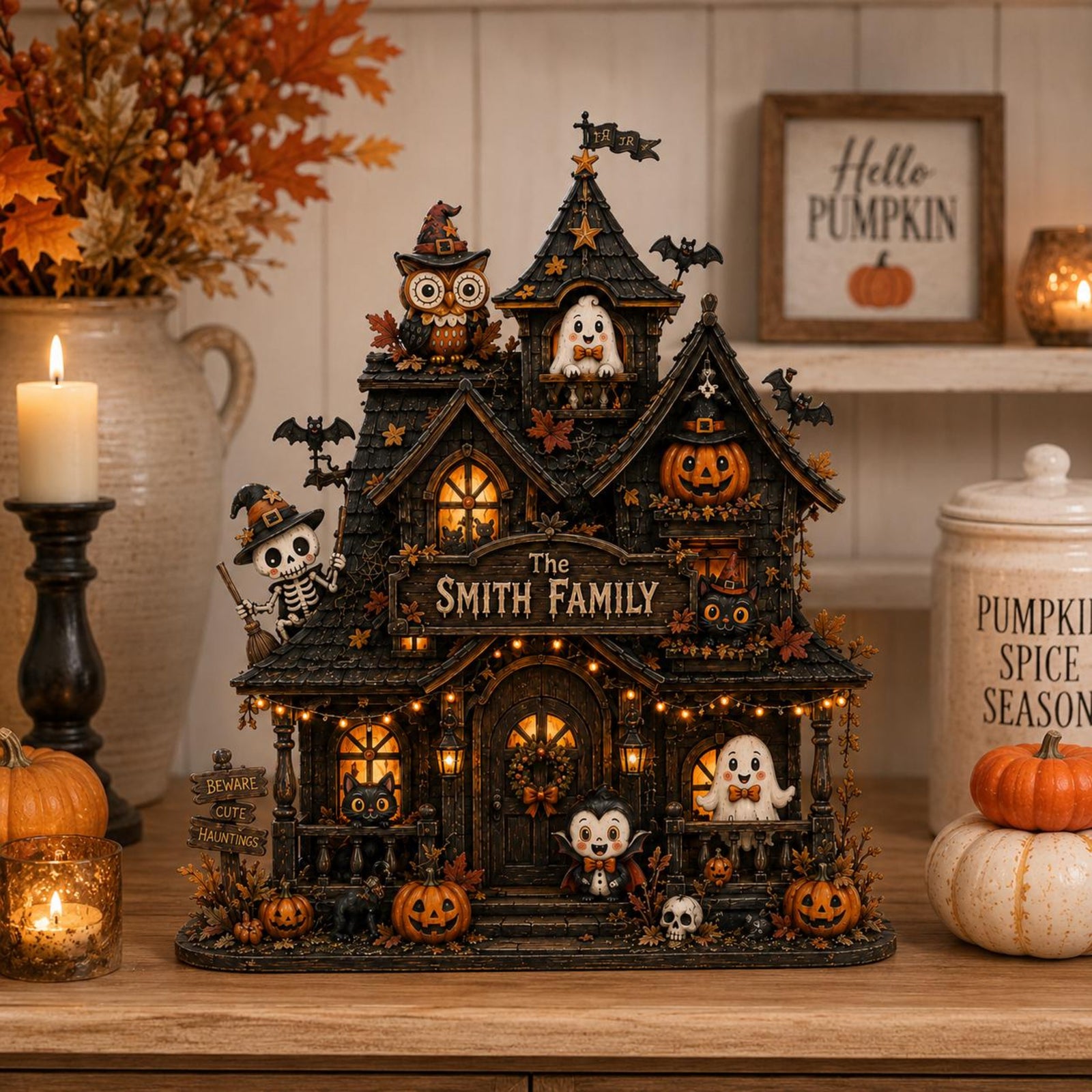 Personalized Haunted House Wooden Block, Custom Family Halloween Decor, Spooky Cottage Shelf Decor, Fall Gift 5eb73c8c-c8fd-4e2a-9952-c43bf900e4cf-banner-1.jpg