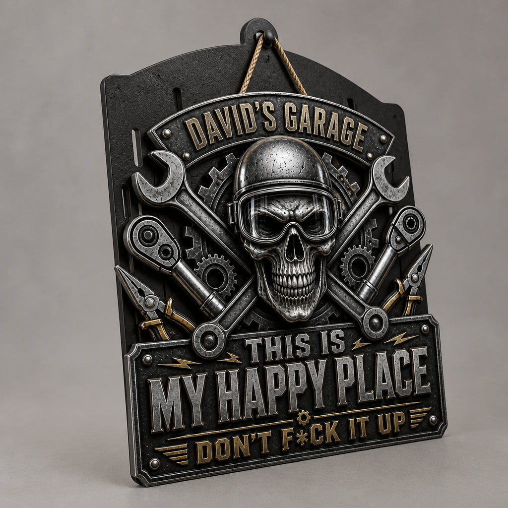 Personalized Garage Skull Metal Sign — This Is My Happy Place - Personalized Cut Metal Sign UV Printed 5ecc8b06-eb37-491a-b516-b649912a1686.jpg