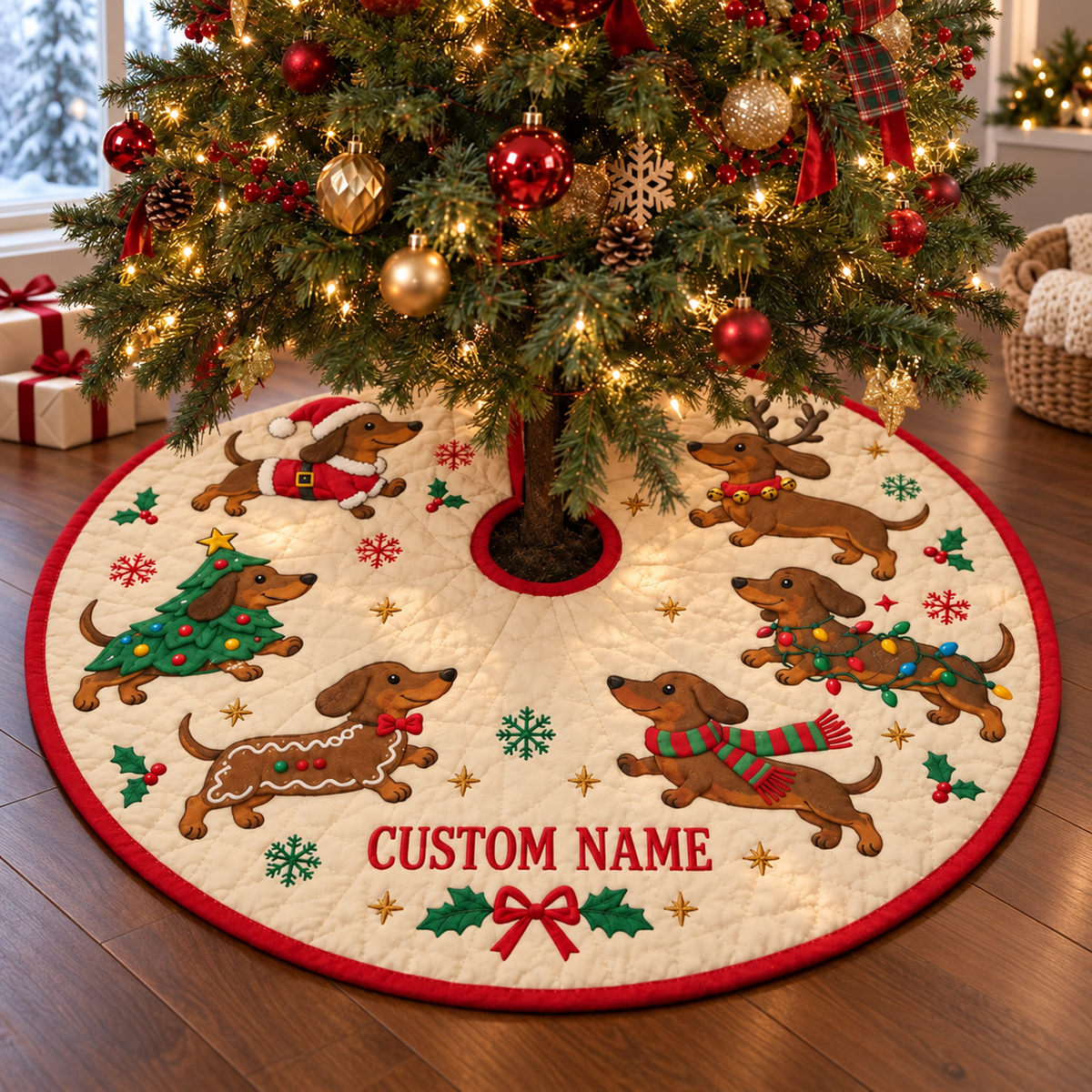 Dachshund Christmas Tree Skirt, Wiener Dog Holiday Decor, Custom Name Tree Skirt, Doxie Lover Christmas Gift, Festive Dog Home Decor 5f142fd1-550e-48cf-bd33-71aefe0372a1-8021aca6-427a-42cf-a697-98350625c9b7.png