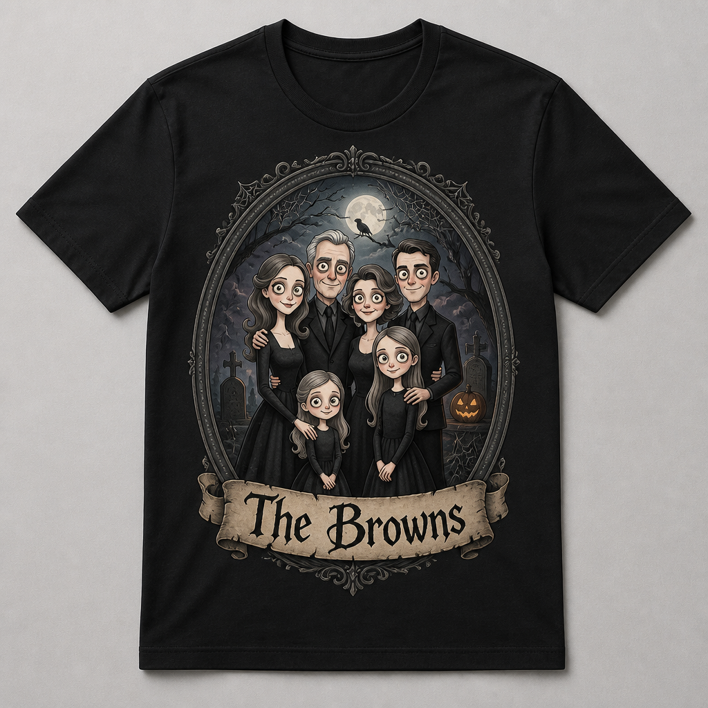 Custom Spooky Family Portrait Tee – Gothic Cartoon Style - Personalized T-shirt 5f30b698-68dc-468b-9386-70670cf8be6f.png