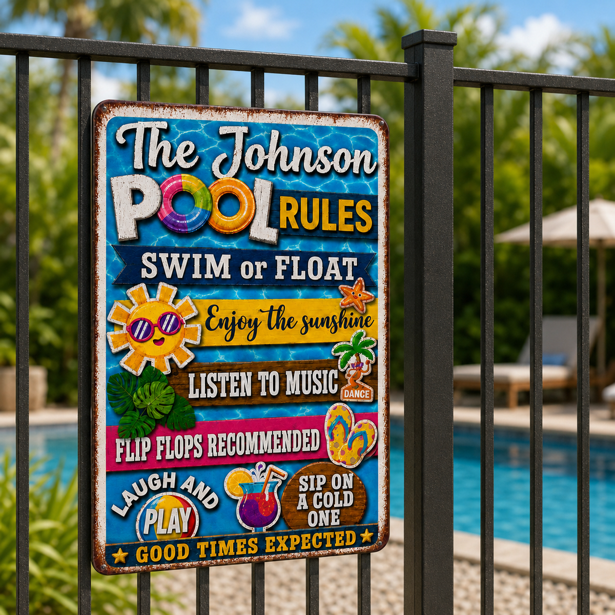 Personalized Funny Pool Rules Metal Sign, Custom Family Name Decor, Summer Beach House Sign