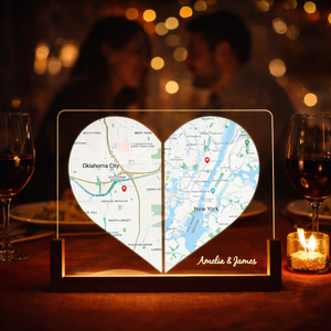 Custom Two Location Heart - Personalized Desk Name Plate - Gift Long Distance Love, Engaged Couples, Anniversary Gifts