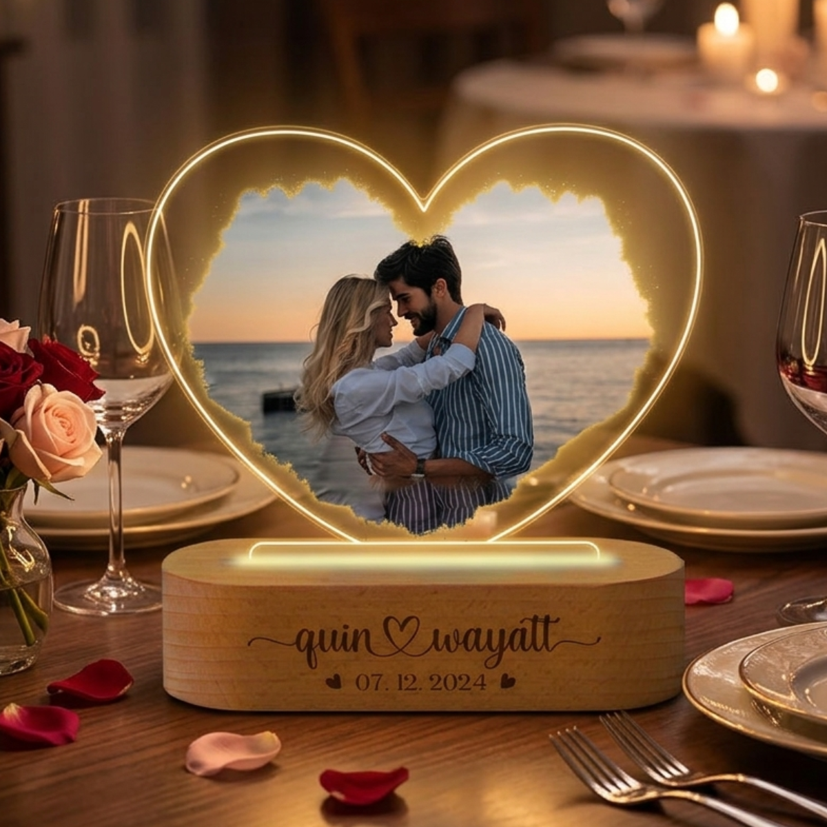 Custom Photo Heart Acrylic Night Light, Personalized 3D LED Light Wooden Base, Anniversary Gift, Valentines Day Gift for Him or Her, Couple Gifts