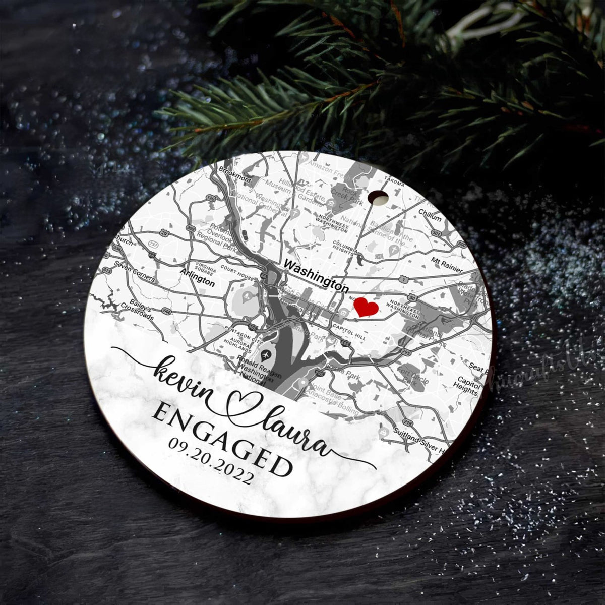 Engaged Ornament, Personalized Map Ornament Engagement Gift, Custom Location Bridal Shower Gift For Bride To Be, Just Engaged Gifts For Couple