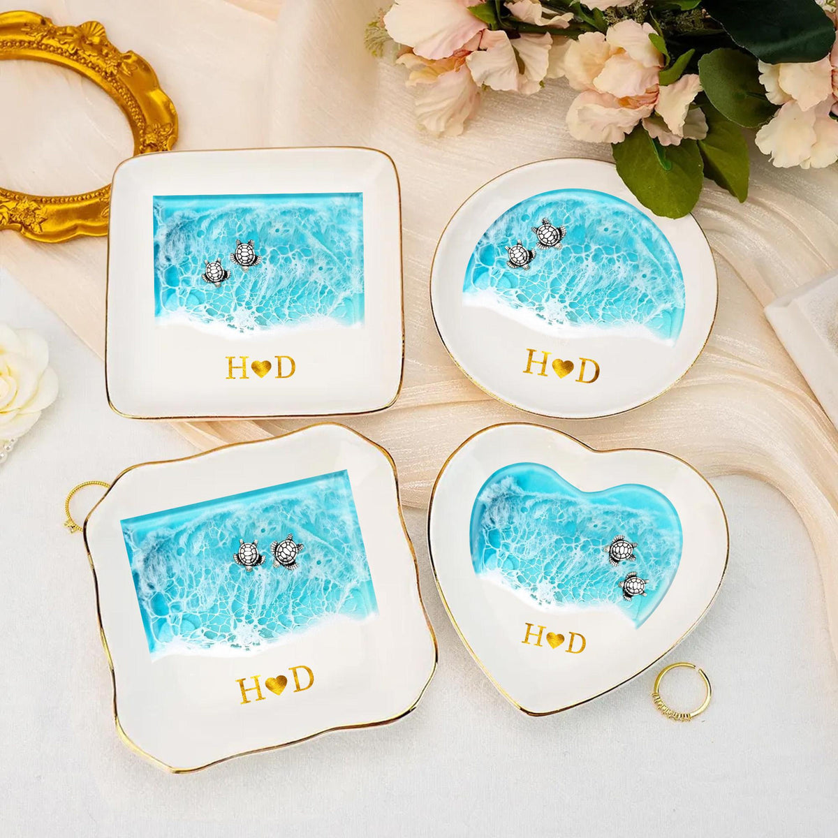 Custom Sea Turtle Couple Ring Dish, Wedding Anniversary Gift, Ocean Jewelry Tray, Engagement Gift, Couples Gift, Wedding Party Favors