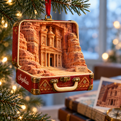 Personalized Petra Jordan 3D Suitcase Christmas Ornament, Custom Name Travel Keepsake, Petra Treasury Vacation Souvenir Gift 60008aad-0852-42d2-b6da-89184c744a86-Petra-Christmas-Ornament-in-Winter-Light-1.png