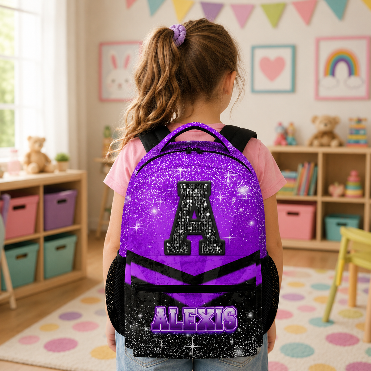 Backpack for Girls Boys Kindergarten, Personalized Cheerleader Schoolbag for Kids Preschool Primary, Lightweight Black Glitter Custom Initial Name Cheer Bookbag for School Travel Hiking
